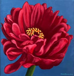 Zinnia, Acrylic painting by Arlene Kelley